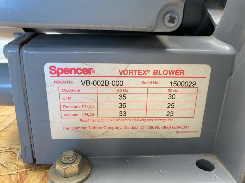 Spencer Vortex Blower, VB-002B-000 W/ 1/4 TE HP Motor, 2850 RPM